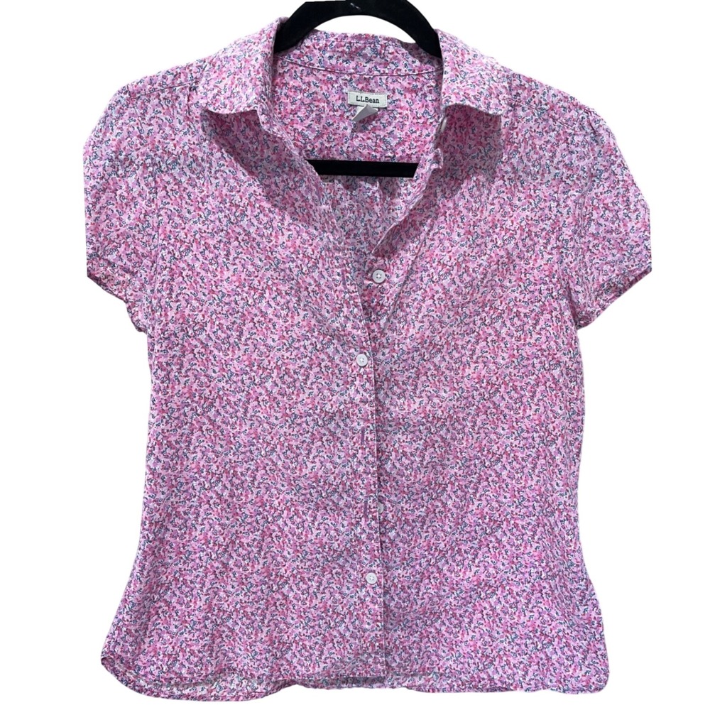 LL Bean Womens Small Pink Purple Floral Cotton Short Sleeve Button Down 283240